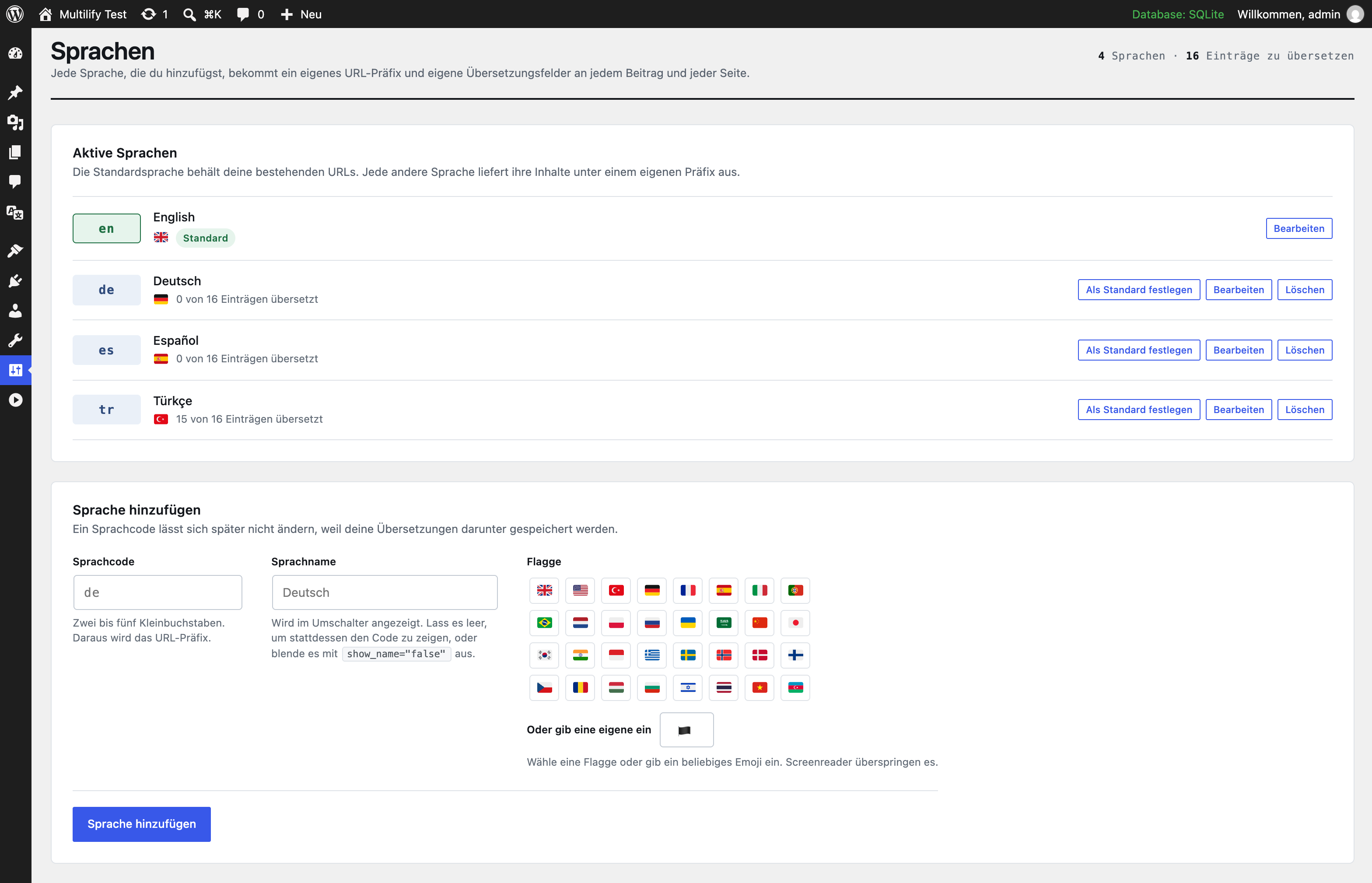 Der Multilify-Einstellungsbildschirm im WordPress-Adminbereich mit vier aktiven Sprachen