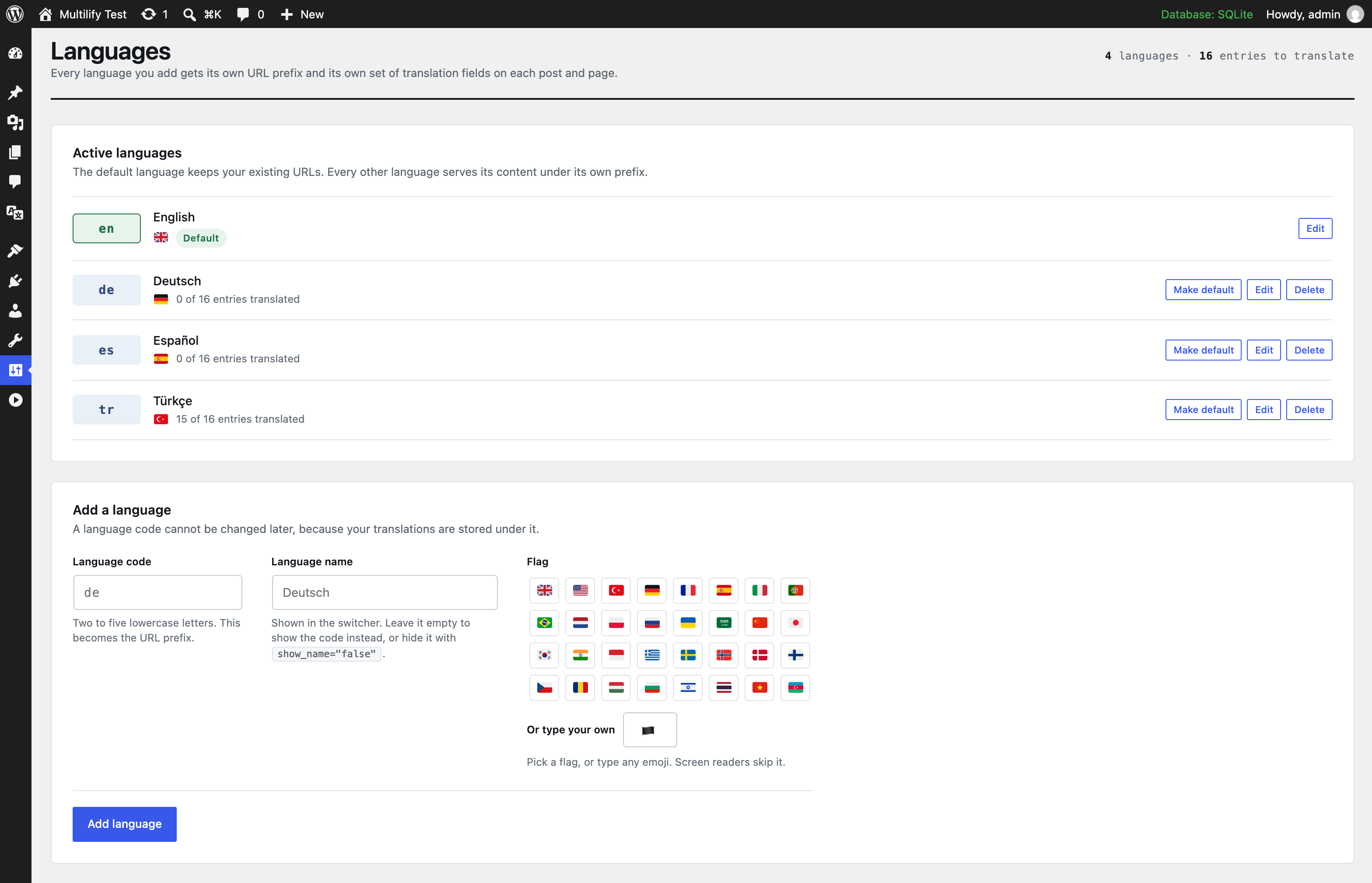 The Multilify settings screen in the WordPress admin, listing four active languages