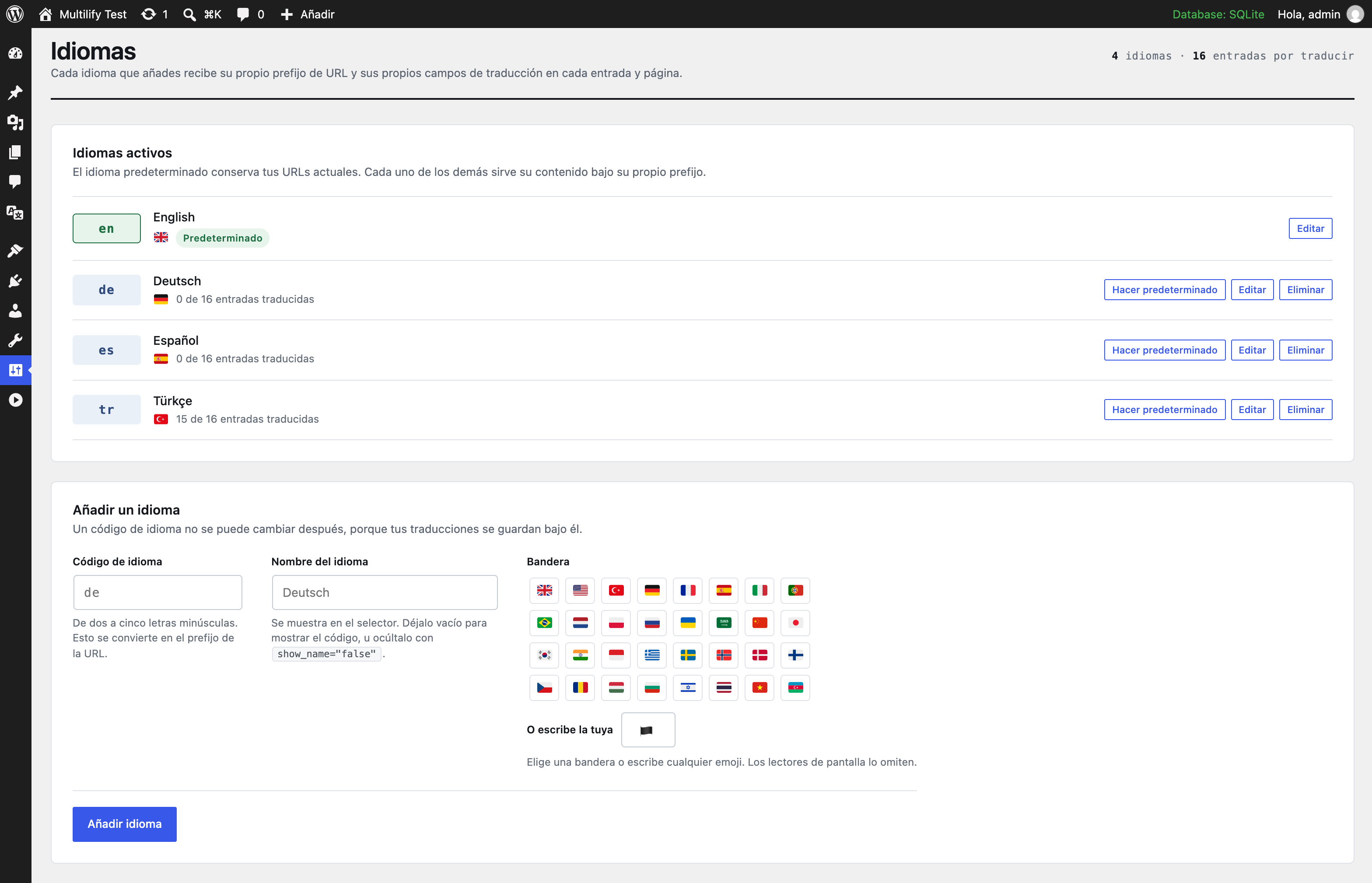 La pantalla de ajustes de Multilify en el administrador de WordPress con cuatro idiomas activos