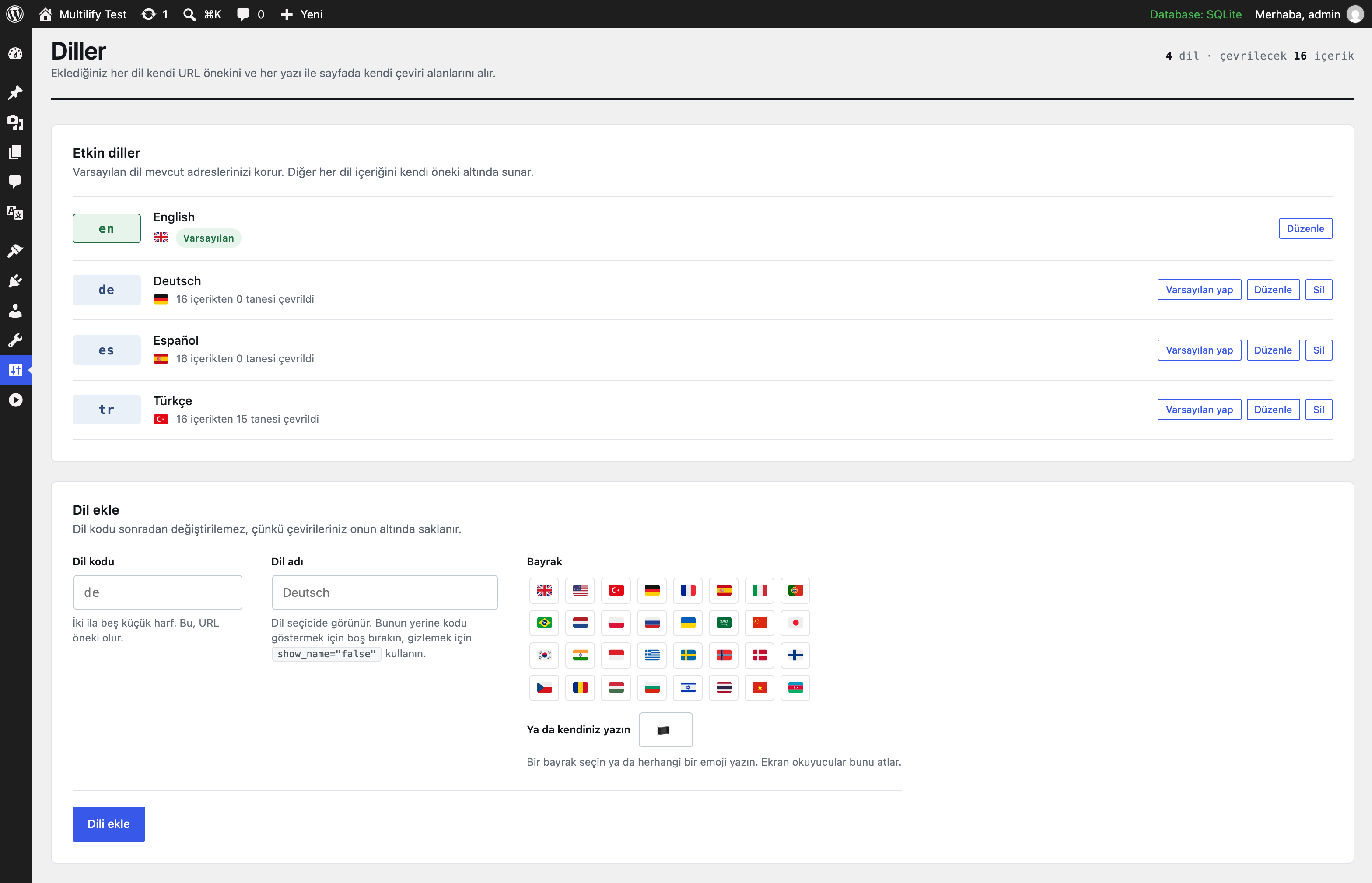 WordPress yönetim panelinde dört etkin dili listeleyen Multilify ayar ekranı